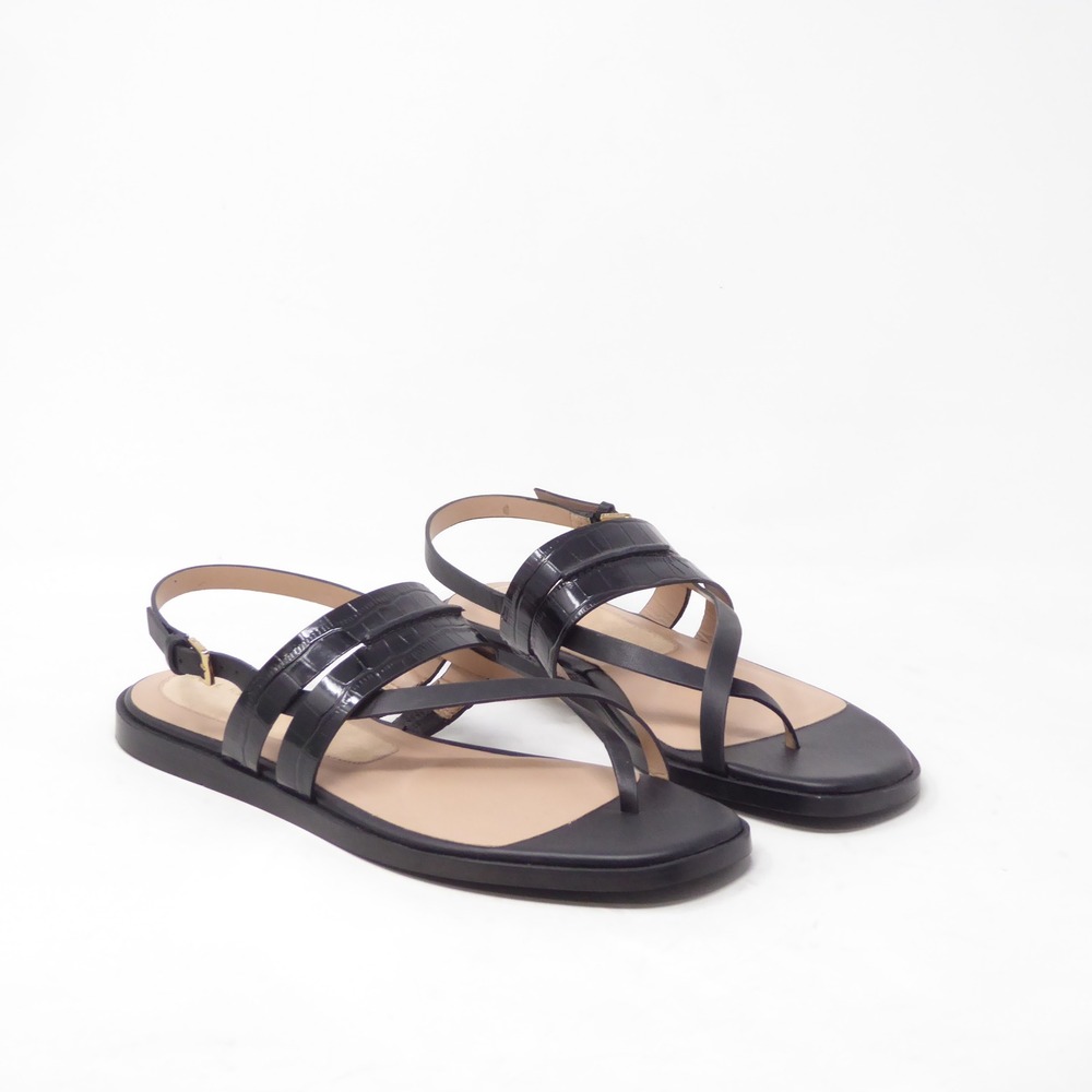 NEW Cole Haan Go-To Estella Flat Sandal Black Croc Embossed Leather Strappy 7B